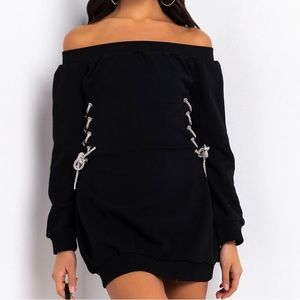 NWT Off shoulder long sleeve mini dress with rhinestone lace up